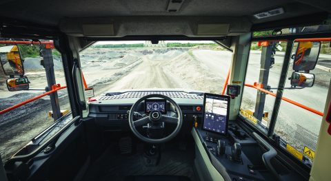 inside of a Volvo construction equipment cab