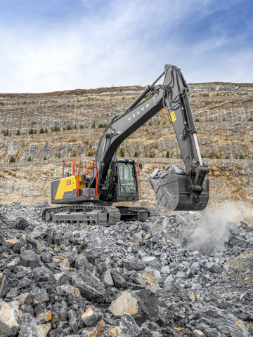 Volvo EC230 excavator working in a quarry